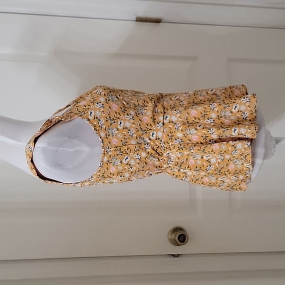 Monteau Size S Yellow Blue and White Floral Faux Wrap Peplum Sleeveless Blouse - Picture 6 of 12